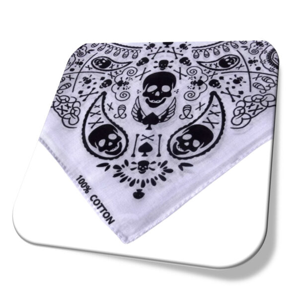 Bandana Branca Estampa Preta Caveira dobrada Moto Rock Lenço Cabeça 100% Algodão 55x55