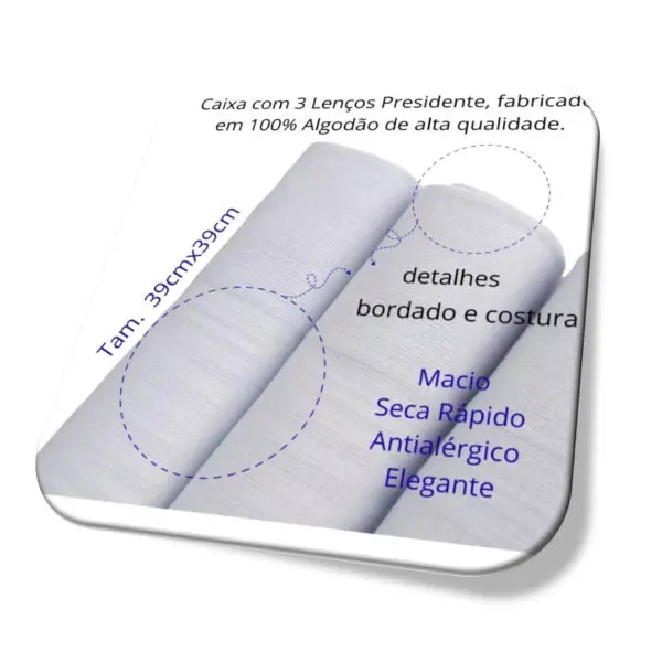 Lenço Presidente Social 39x39 lenço Branco Algodão C 3 Unid Premier